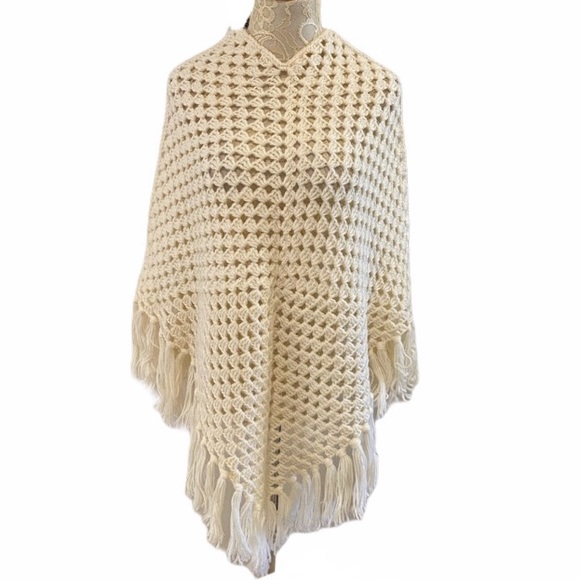 Handmade Jackets & Blazers - Handmade Ivory Crocheted Poncho with Fringe